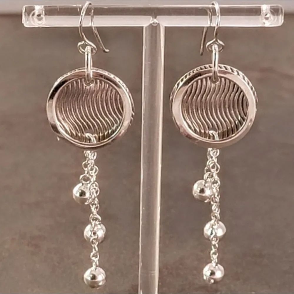 Sterling Modern Waves Pattern Circle Dangle Drop Earrings